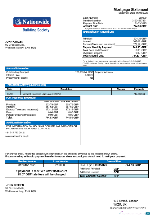Download United Kingdom Nationwide bank mortgage statement in Word and PDF formats Photoshop template